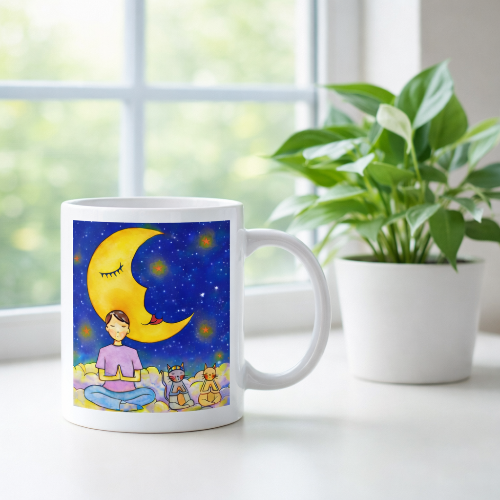 Man and his cats are meditating atop a cloud under the moon in a mindfulness poster.  There is a window and a green potted plant behind the mug.
