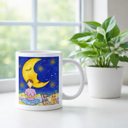 Man and his cats are meditating atop a cloud under the moon in a mindfulness poster.  There is a window and a green potted plant behind the mug.
