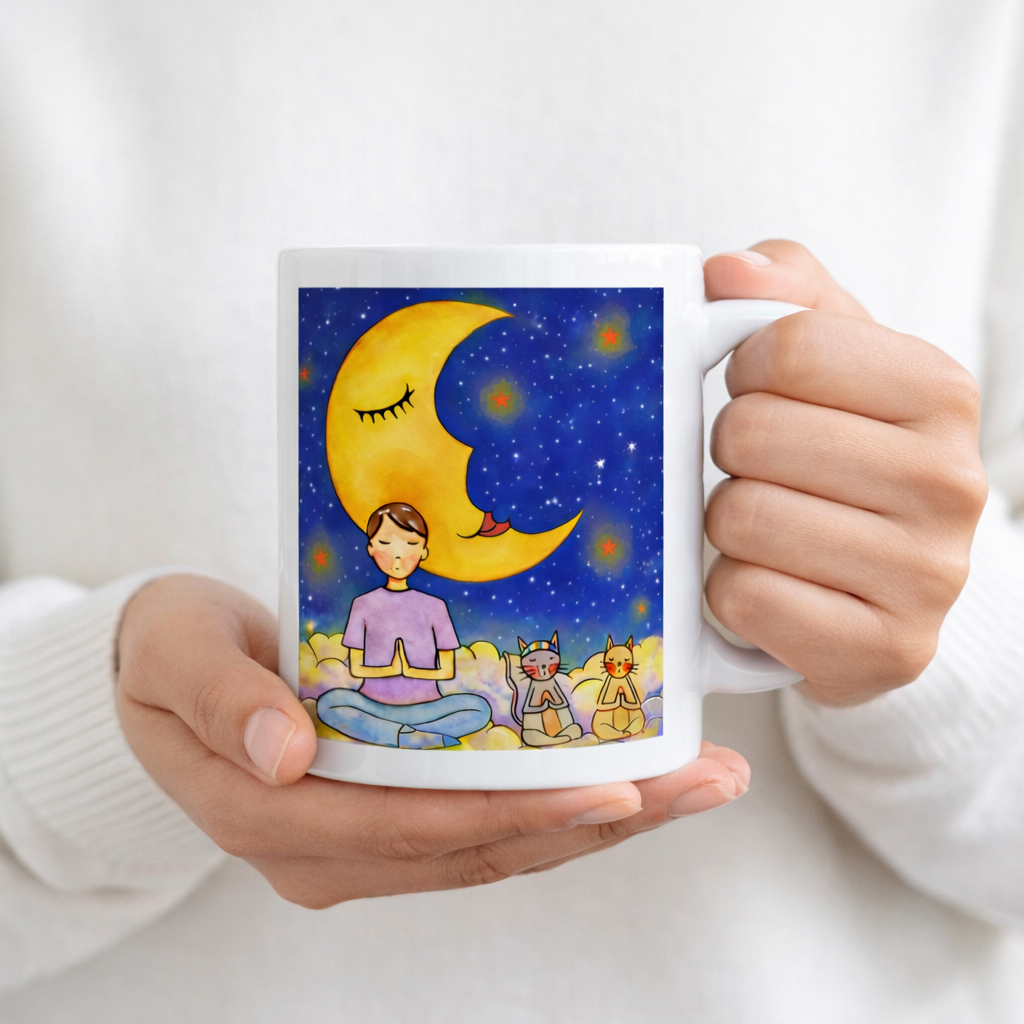 Man and his cats are meditating atop a cloud under the moon in a mindfulness poster.  The hands of a person wearing a white sweater are holding the mug up to display the design.