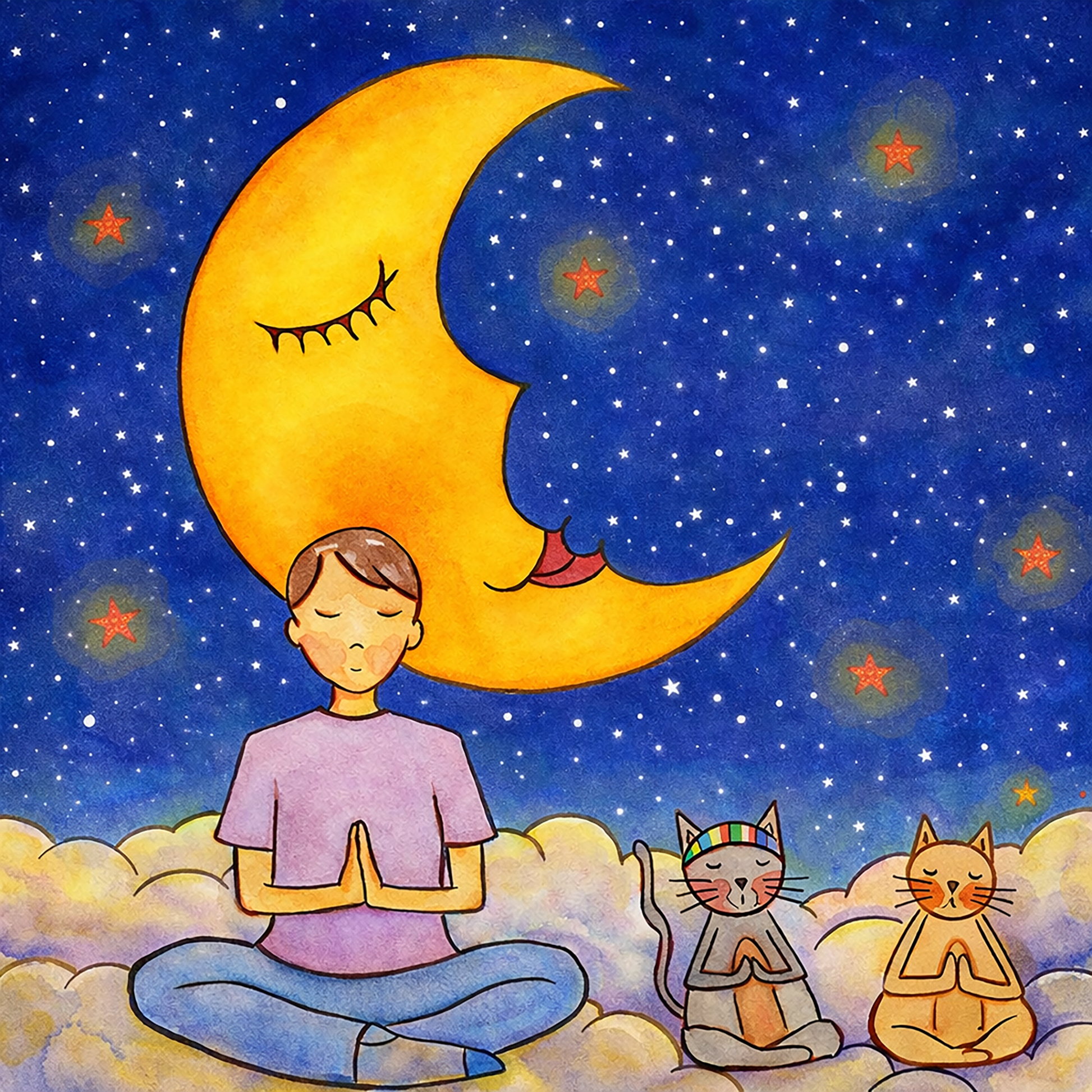 Man and his cats are meditating atop a cloud under the moon in a mindfulness poster. This is a mockup of the original hand-painted watercolor by Brazilian artist Thaís Suizo for the LET'S MEDITATE SERIES of mediation guides.