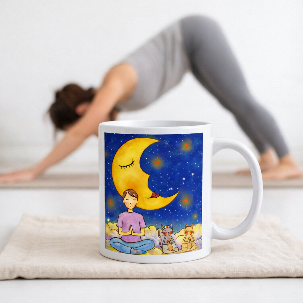 Man and his cats are meditating atop a cloud under the moon in a mindfulness poster.  The mug is in front of a woman doing the yoga posture downward facing dog.