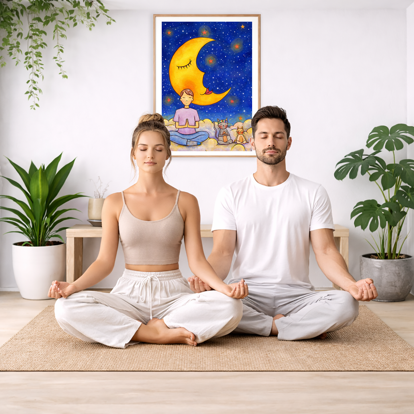 Man with cats meditating under the moonlight on mindfulness poster.  he poster is framed and is in the center of the living room wall. A couple are sitting on the living room carpet meditating. To the left is a green floor plant and a hanging green plant. To the right of them is a green floor plant.

