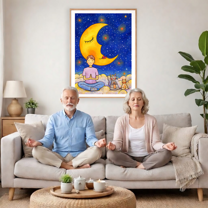 Man with cats meditating under the moonlight on mindfulness poster.   The poster is framed and is in the center of the living room wall. A couple are sitting on couch underneath the poster meditating. To the left is an end table with a lamp. To the right of them is a green floor plant.
