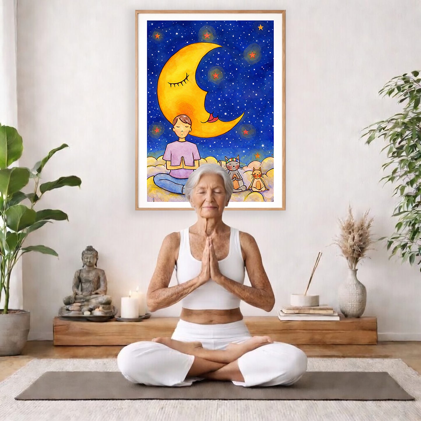 Man with cats meditating under the moonlight on mindfulness poster.  The poster is framed and is in the center of the living room wall. There is a woman meditating facing away from the wall. Behind her is a coffee table with incense and a Buddha statue. There are potted plants on the right and left side of the background.
