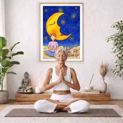 Man with cats meditating under the moonlight on mindfulness poster.  The poster is framed and is in the center of the living room wall. There is a woman meditating facing away from the wall. Behind her is a coffee table with incense and a Buddha statue. There are potted plants on the right and left side of the background.
