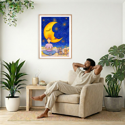Man with cats meditating under the moonlight on mindfulness poster.   The poster is framed and is in the center of the living room wall. To the right a woman is relaxing in a chair with his hands behind his head. To the left is a green floor plant and a hanging green plant. To the right of them is a green floor plant.
