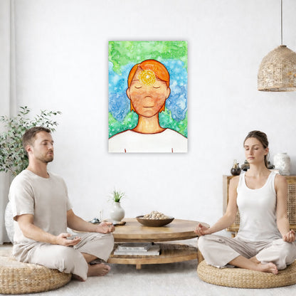 Man meditating with his brow chakra glowing canvas print.  The poster is in the center of the living room wall. Two friends are sitting on wicker pillows meditating. Between them is a small round coffee table with incense, a green potted plant and a bowl of shells. There is a potted plant to the left and a Buddha statue and a vase to the right. 