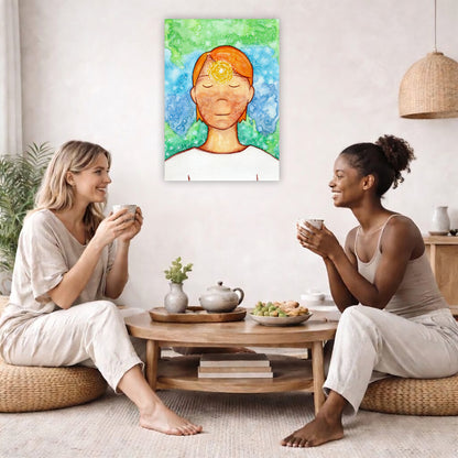 Man meditating with his brow chakra glowing canvas print. The poster is in the center of the living room wall. Two female friends are having tea, grapes and cookies on a coffee table in front of the poster. On the left there is a green potted plant and to the right there is a hanging lamp.
