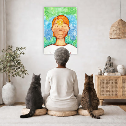 Man meditating with his brow chakra glowing canvas print.  The poster is in the center of the living room wall. A woman is meditating facing the poster with a white cat on her left side and a black cat on her right side. There is a potted plant on the left side and a cabinet with a Buddha statue on it on the right side. 
