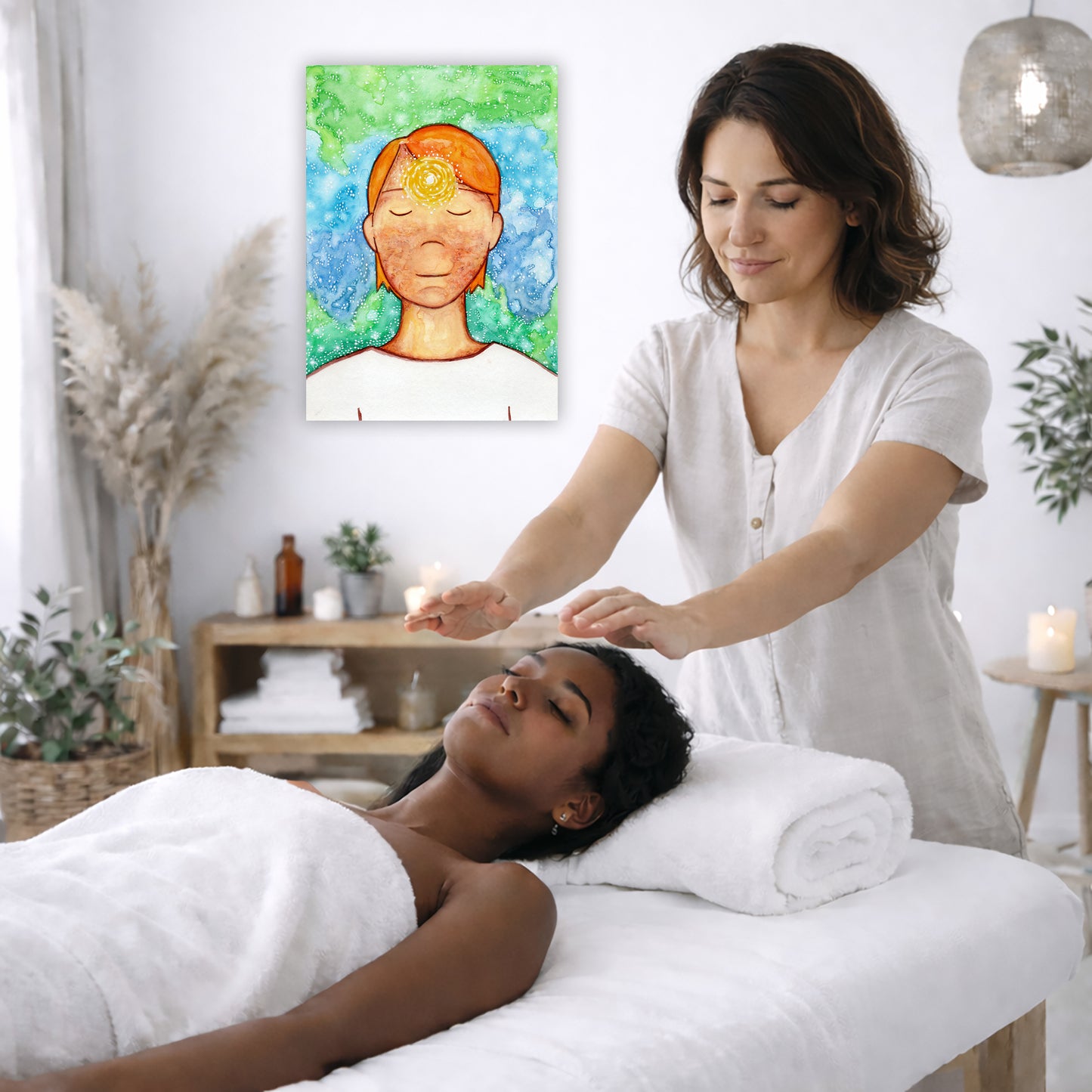 Man meditating with his brow chakra glowing canvas print.  The poster is on the wall of the office of a reiki master. The master is giving her client a massage. The client is lying face up on a massage table wearing a white towel. To the left is a window, floor plant and vase of dry flora. There is a shelf underneath the poster with candles burning. On the right side there is a candle burning and a lamp hanging from the ceiling.