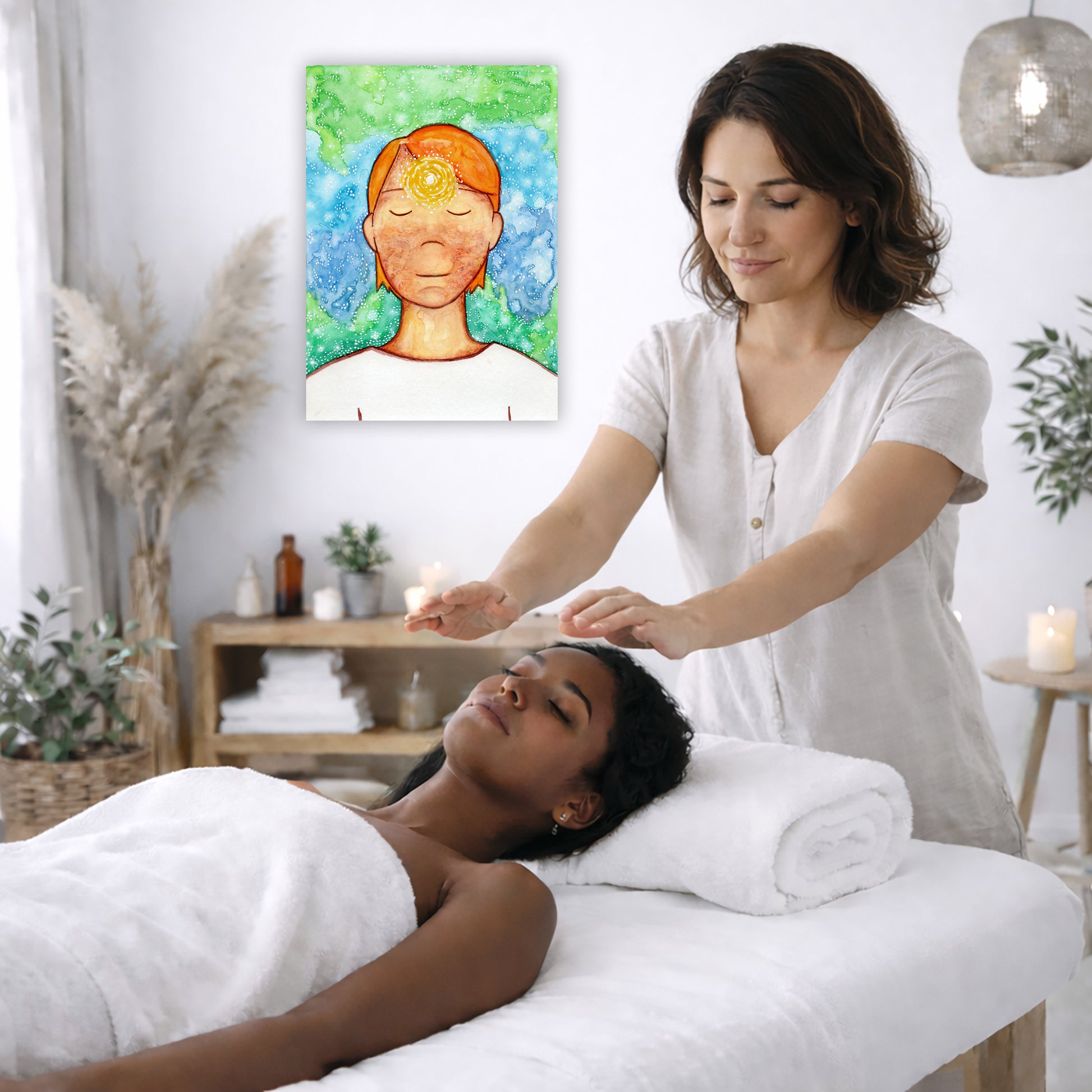 Man meditating with his brow chakra glowing canvas print.  The poster is on the wall of the office of a reiki master. The master is giving her client a massage. The client is lying face up on a massage table wearing a white towel. To the left is a window, floor plant and vase of dry flora. There is a shelf underneath the poster with candles burning. On the right side there is a candle burning and a lamp hanging from the ceiling.