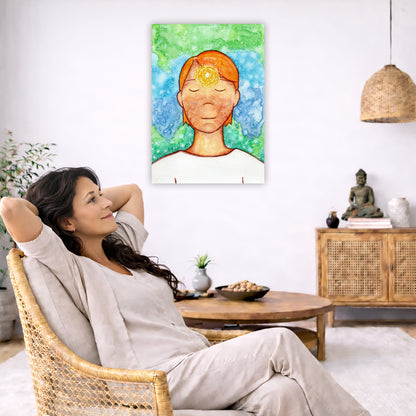 Man meditating with his brow chakra glowing canvas print.  The poster is in the center of the living room wall. To the left a woman is relaxing in her chair with her hands behind her head. There is a small coffee table beside her with a bowl of walnuts, incense and a small green plant. On the right side of the room is a cabinet with a Buddha statue, books and an urn on it. To the left is a green floor plant.