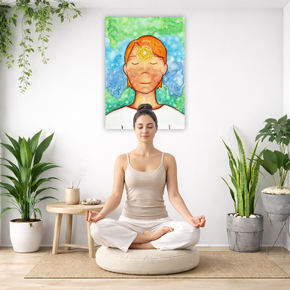 Man meditating with his brow chakra glowing canvas print. There is a woman meditating on a pillow facing away from the wall. There is a small table beside her with incense and meditation stones. There are potted plants on the right and left side of the background.
