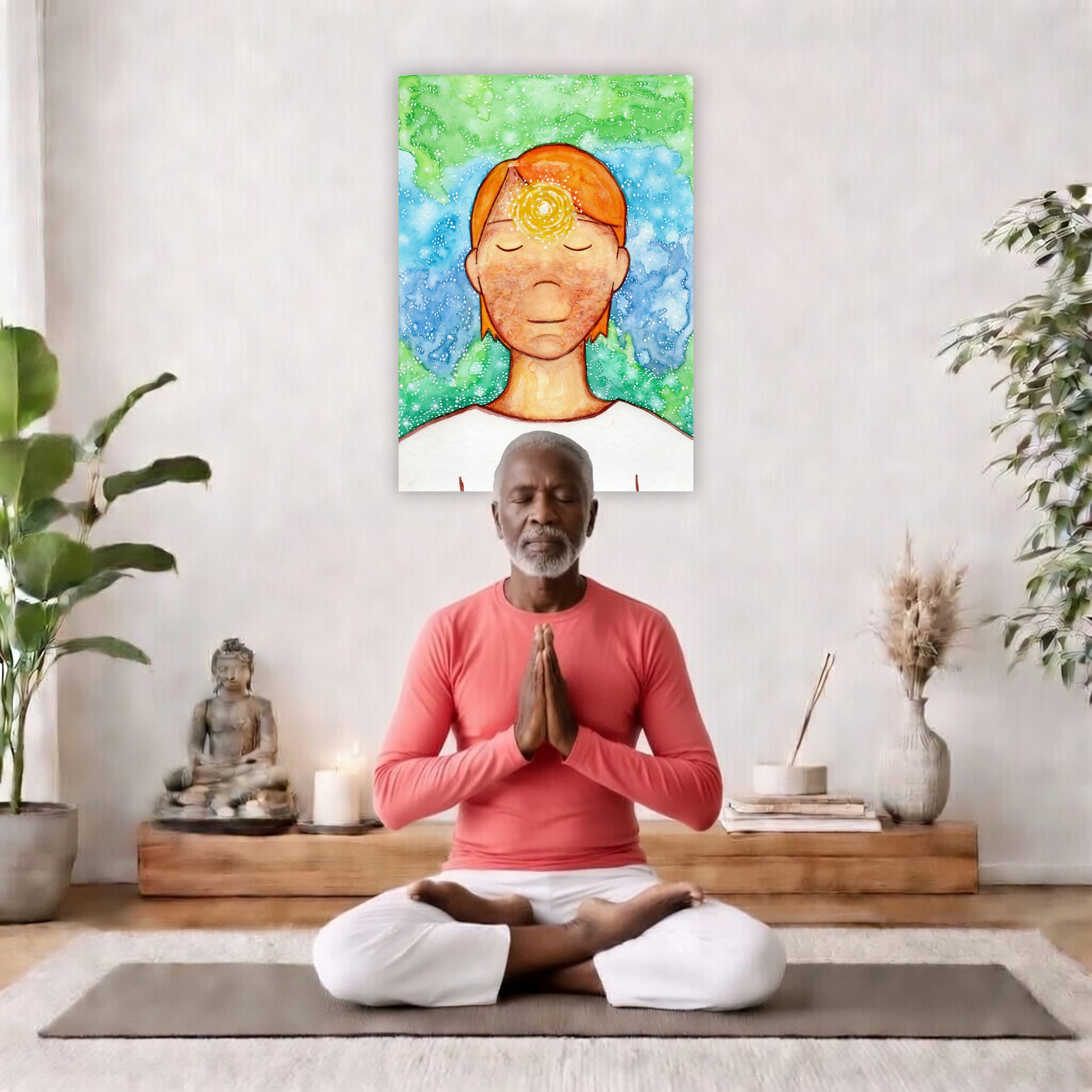 Man meditating with his brow chakra glowing canvas print.  The poster is in the center of the living room wall. There is a man meditating facing away from the wall. Behind him is a coffee table with incense and a Buddha statue. There are potted plants on the right and left side of the background.
