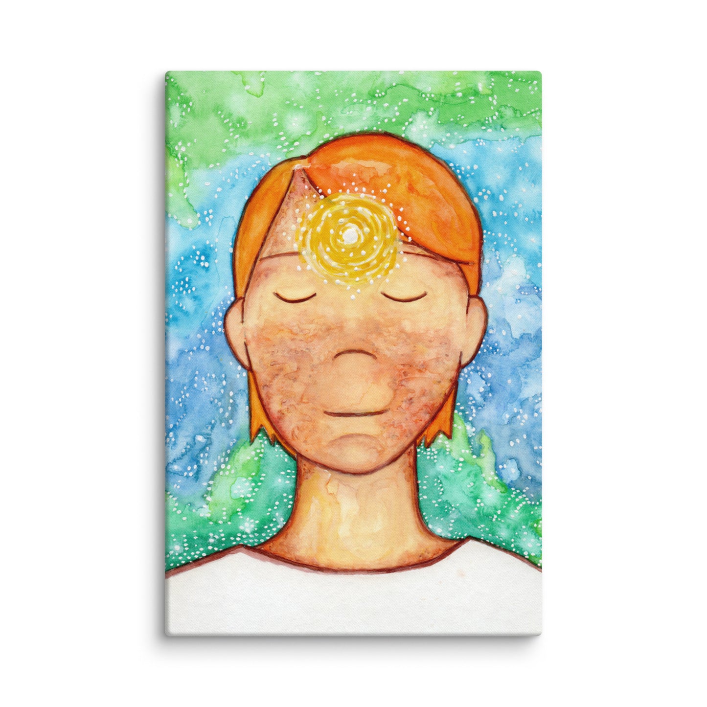 Man meditating with his brow chakra glowing canvas print. 