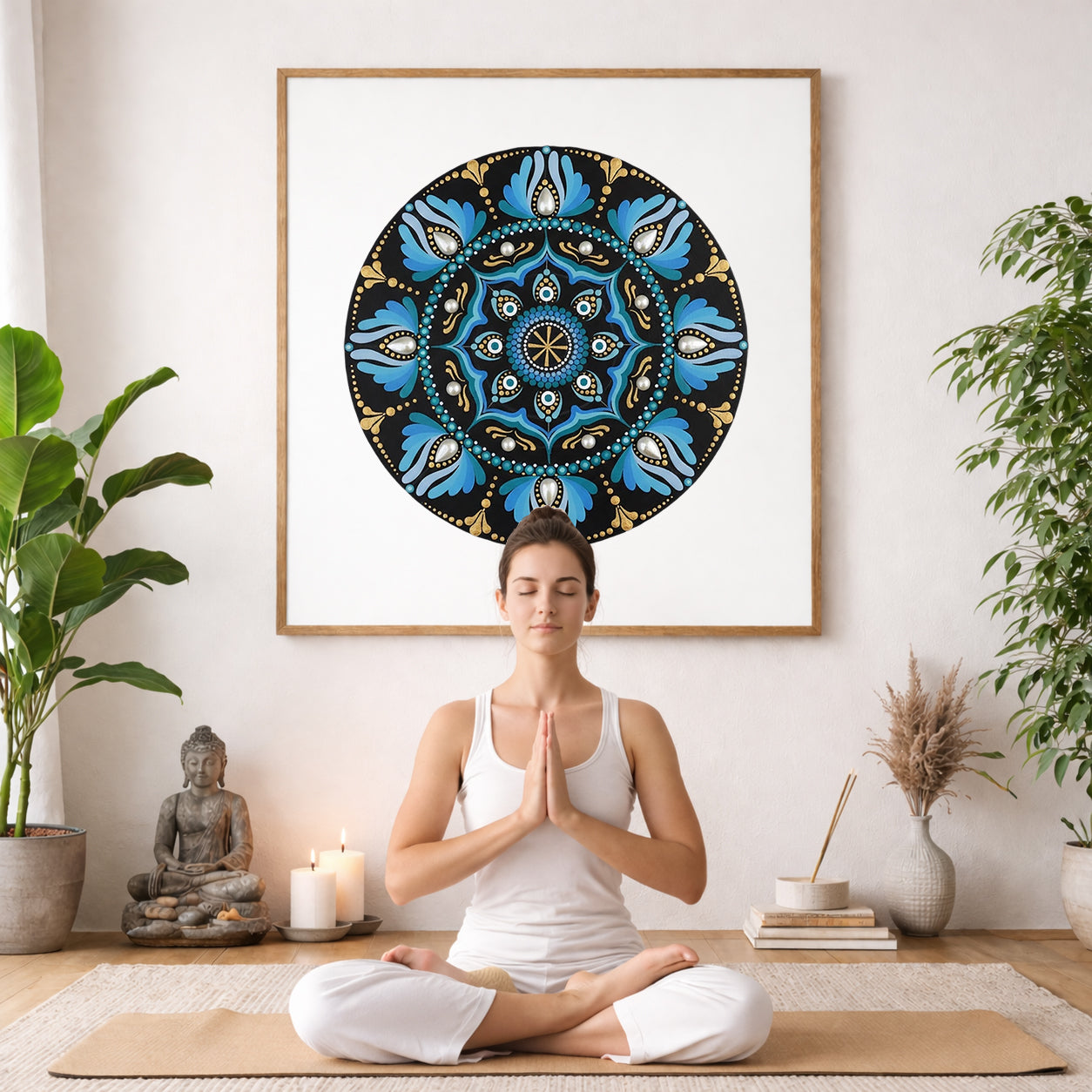 Mandala with spoke-like shapes radiating from the center, detailed symmetrical meditation artwork on a poster.
The mandala poster is framed and is in the center of the living room wall. A woman is meditating facing toward the front with praying hands. There is a potted green plant to her right and a potted green plant and Buddha statue to her left.
