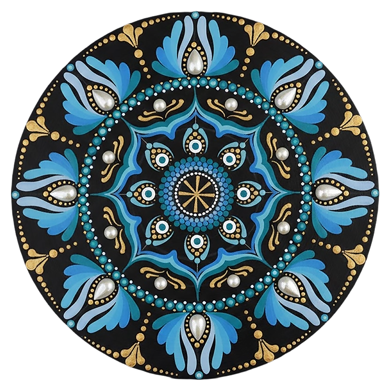Mandala with spoke-like shapes radiating from the center, detailed symmetrical meditation artwork on a poster.This is a print of the original hand-painted mandala by Brazilian artist Claudia Stagni.