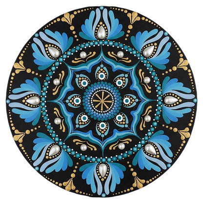 Mandala with spoke-like shapes radiating from the center, detailed symmetrical meditation artwork on a poster.This is a print of the original hand-painted mandala by Brazilian artist Claudia Stagni.