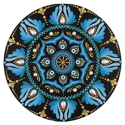 Mandala with spoke-like shapes radiating from the center, detailed symmetrical meditation artwork on a poster.This is a print of the original hand-painted mandala by Brazilian artist Claudia Stagni.