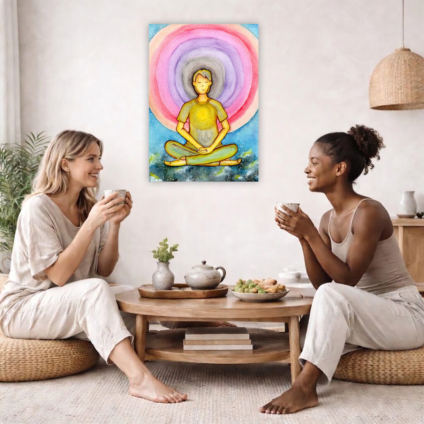 Canvas of a young man's heart chakra glowing and aura energy flowing around him. This is a print of the original hand-painted watercolor by Brazilian artist Thaís Suizo for the LET'S MEDITATE SERIES of mediation guides.  The poster is in the center of the living room wall. Two female friends are sitting on a white couch having tea. On the left and rights sides there is a green potted plant.
