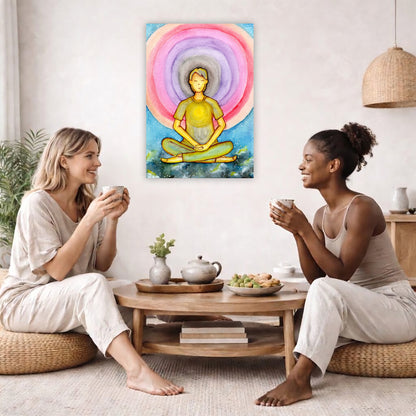Canvas of a young man's heart chakra glowing and aura energy flowing around him. This is a print of the original hand-painted watercolor by Brazilian artist Thaís Suizo for the LET'S MEDITATE SERIES of mediation guides.  The poster is in the center of the living room wall. Two female friends are sitting on a white couch having tea. On the left and rights sides there is a green potted plant.
