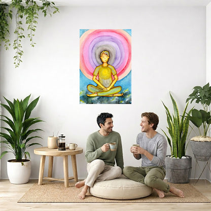 Canvas of a young man's heart chakra glowing and aura energy flowing around him. This is a print of the original hand-painted watercolor by Brazilian artist Thaís Suizo for the LET'S MEDITATE SERIES of mediation guides.  The poster is in the center of the living room wall. Two men are sitting on a giant pillow having a coffee. Beside them is a small tray with a pot of coffee and incense. To the left is a green floor plant and a hanging green plant. To the right of them is a green floor plant.
