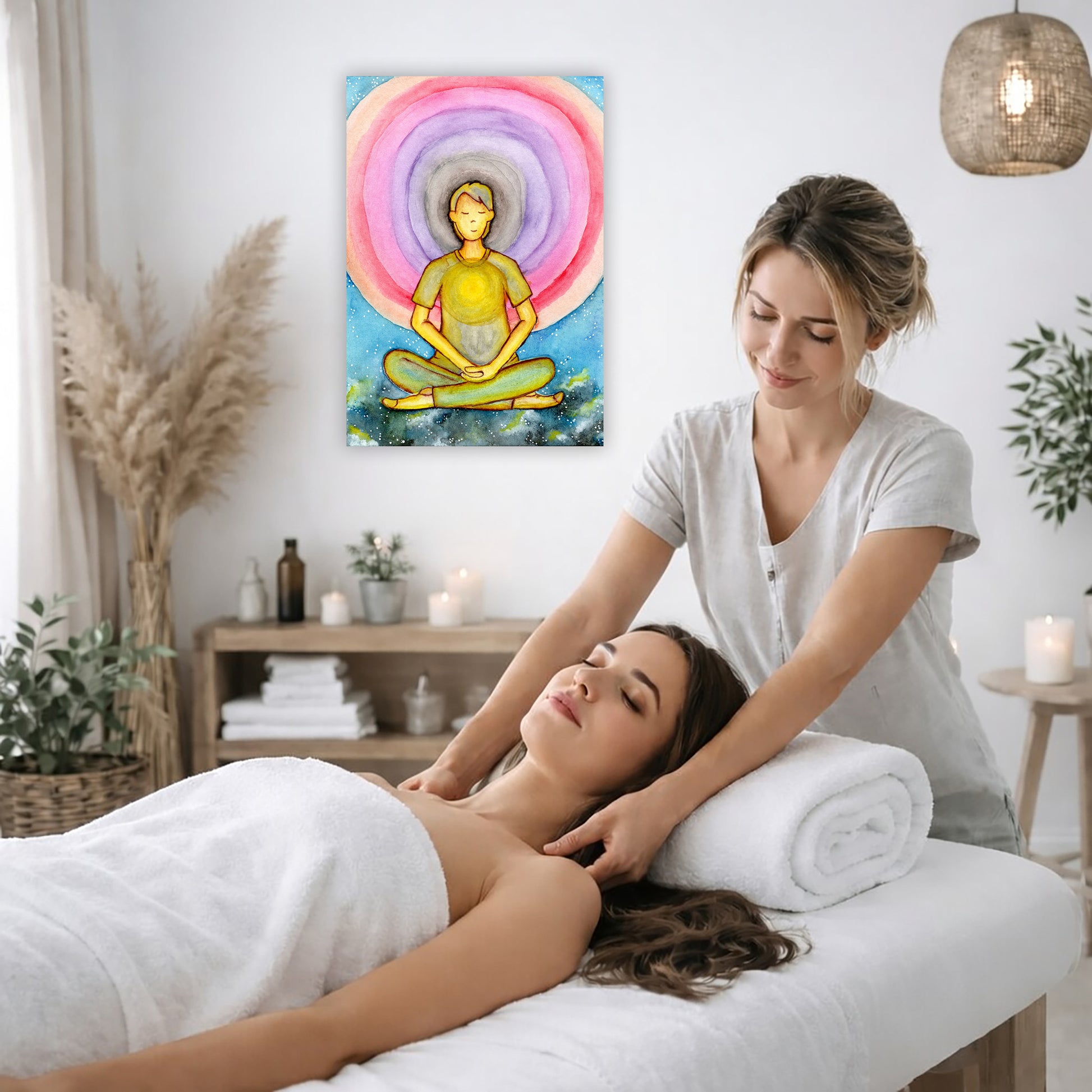 Canvas of a young man's heart chakra glowing and aura energy flowing around him. This is a print of the original hand-painted watercolor by Brazilian artist Thaís Suizo for the LET'S MEDITATE SERIES of mediation guides.  The poster is on the wall of the office of a massage therapist. The therapist is giving her female client a massage. The client is lying face up on a massage table wearing a white towel. To the left is a window, floor plant and large vase of dry flora.  