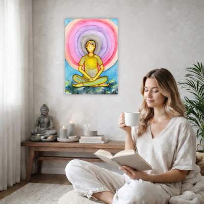 Canvas of a young man's heart chakra glowing and aura energy flowing around him. This is a print of the original hand-painted watercolor by Brazilian artist Thaís Suizo for the LET'S MEDITATE SERIES of mediation guides.  The poster is on the back wall in the living room. There is a coffee table below the poster with burning candles and a big piece of driftwood. A woman is sitting in a wicker chair on the right side of the poster with a cup of tea reading a book. There is a potted green plant behind her.