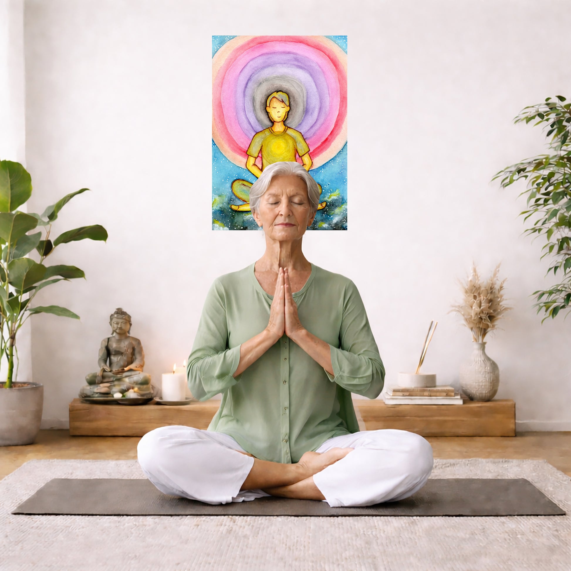 Canvas of a young man's heart chakra glowing and aura energy flowing around him. This is a print of the original hand-painted watercolor by Brazilian artist Thaís Suizo for the LET'S MEDITATE SERIES of mediation guides.  The poster is in the center of the living room wall. There is a woman meditating facing away from the wall. Behind her is a coffee table with incense and a Buddha statue. There are potted plants on the right and left side of the background.
