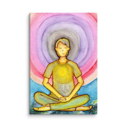 Canvas poster of a young man's heart chakra glowing and aura energy flowing around him. This is a print of original hand-painted watercolor by Brazilian artist Thaís Suizo for the LET'S MEDITATE SERIES of mediation guides. 