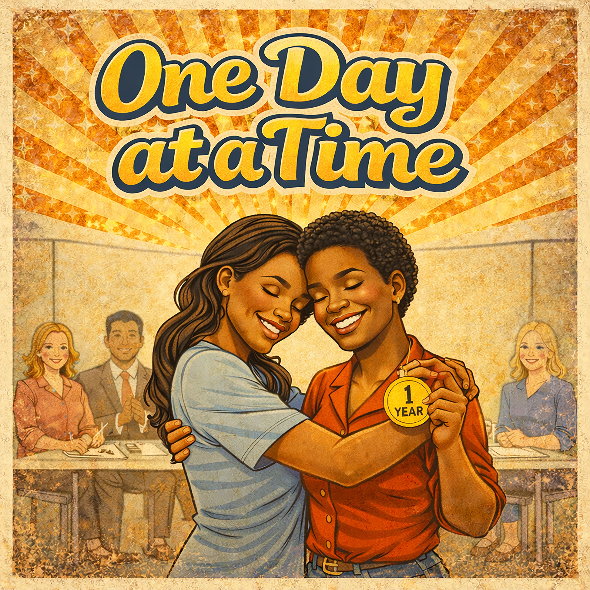 Thumbnail of a Retro 70s-style One Day at a Time sobriety illustration featuring two women hugging during a recovery celebration while holding a one-year sobriety medallion beneath golden vintage sunburst rays.