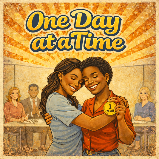 Thumbnail of a Retro 70s-style One Day at a Time sobriety illustration featuring two women hugging during a recovery celebration while holding a one-year sobriety medallion beneath golden vintage sunburst rays.