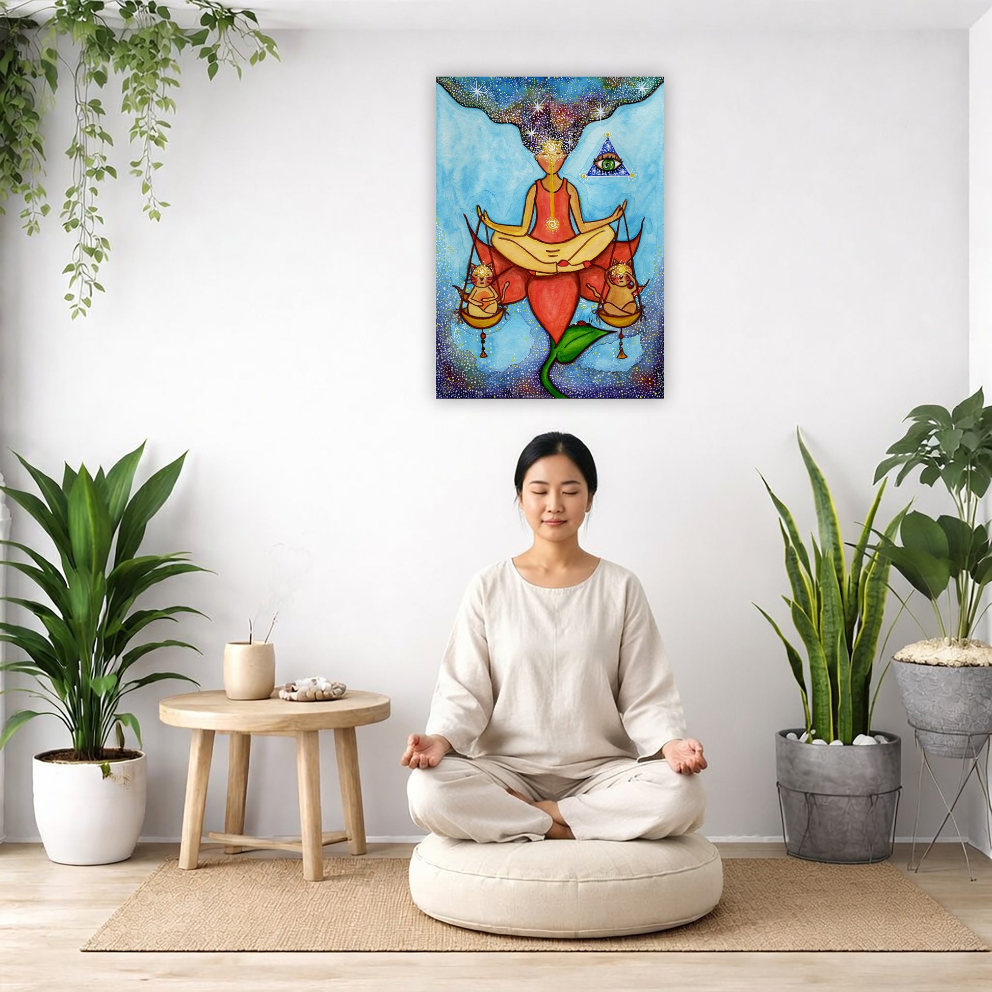 Poster of a woman meditating on a lotus with a glowing third eye and holding scales balancing two cats. This is a thumbnail of the original hand-painted watercolor by Brazilian artist Thaís Suizo for the LET'S MEDITATE SERIES of mediation guides.  There is a woman meditating on a pillow facing away from the wall. There is a small table beside her with incense and meditation stones. There are potted plants on the right and left side of the background.
