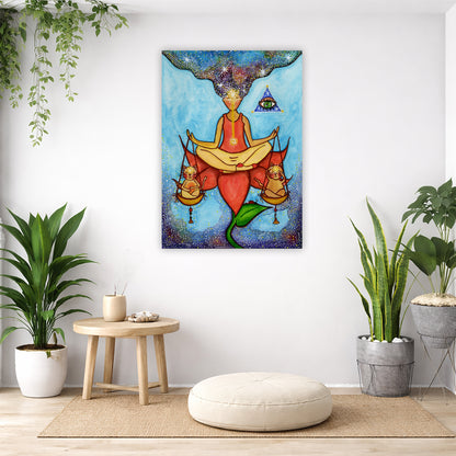 Poster of a woman meditating on a lotus with a glowing third eye and holding scales balancing two cats. This is a thumbnail of the original hand-painted watercolor by Brazilian artist Thaís Suizo for the LET'S MEDITATE SERIES of mediation guides.  The poster is in the center of the living room wall. Below the poster is a pillow on a wicker mat. To the bottom left there is a small table with incense and a bowl of shells. There is also a hanging and potted plant. To the right are two potted green plants.
