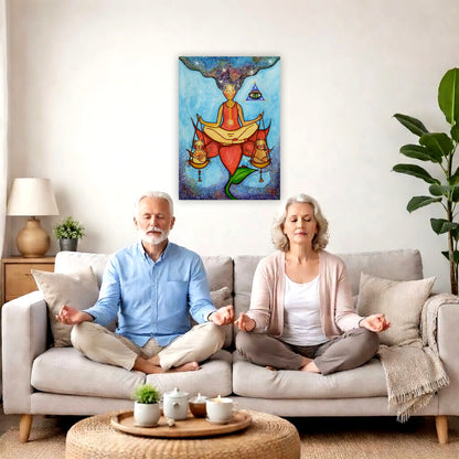 Poster of a woman meditating on a lotus with a glowing third eye and holding scales balancing two cats. This is a thumbnail of the original hand-painted watercolor by Brazilian artist Thaís Suizo for the LET'S MEDITATE SERIES of mediation guides. A couple is meditating on their couch. The poster is framed on a wall behind them. There is a coffee table in front with candles burning and a potted plant. There is a potted plant to the right and shelves on the left.
