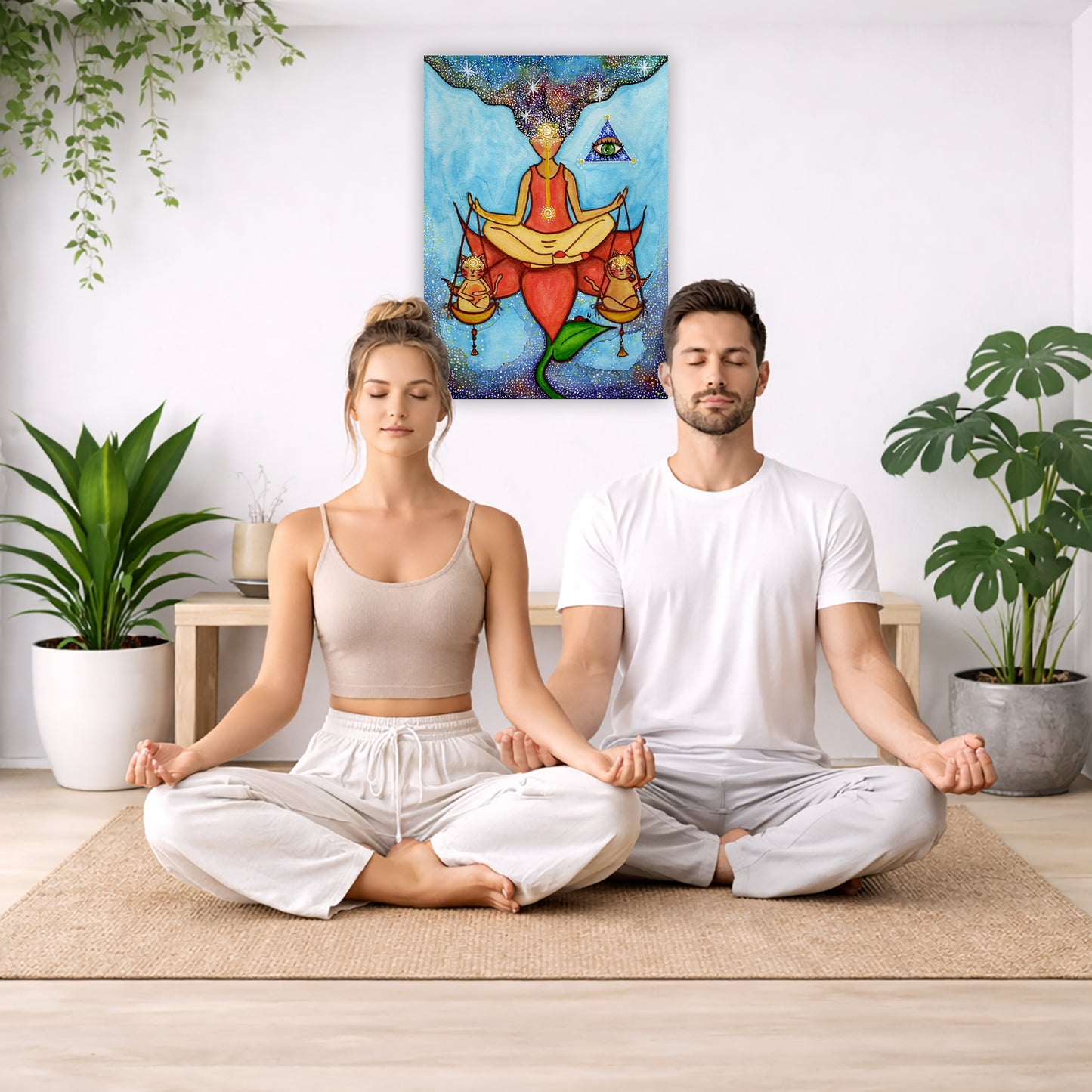 Poster of a woman meditating on a lotus with a glowing third eye and holding scales balancing two cats. This is a thumbnail of the original hand-painted watercolor by Brazilian artist Thaís Suizo for the LET'S MEDITATE SERIES of mediation guides. The poster is in the center of the living room wall. A couple are sitting on the living room carpet meditating. To the left is a green floor plant and a hanging green plant. To the right of them is a green floor plant.

