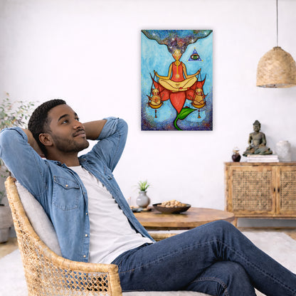 Poster of a woman meditating on a lotus with a glowing third eye and holding scales balancing two cats. This is a thumbnail of the original hand-painted watercolor by Brazilian artist Thaís Suizo for the LET'S MEDITATE SERIES of mediation guides.  The poster is in the center of the living room wall. To the left a man is relaxing in her chair with his hands behind his head. There is a small coffee table beside him with a bowl of walnuts, incense and a small green plant.  