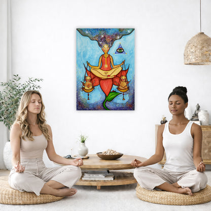 Poster of a woman meditating on a lotus with a glowing third eye and holding scales balancing two cats. This is a thumbnail of the original hand-painted watercolor by Brazilian artist Thaís Suizo for the LET'S MEDITATE SERIES of mediation guides.  The poster is in the center of the living room wall. Two women are sitting on wicker pillows meditating. Behind them is a small round coffee table with incense, a green potted plant and a bowl of shells. There is a potted plant to the left and a Buddha statue and 