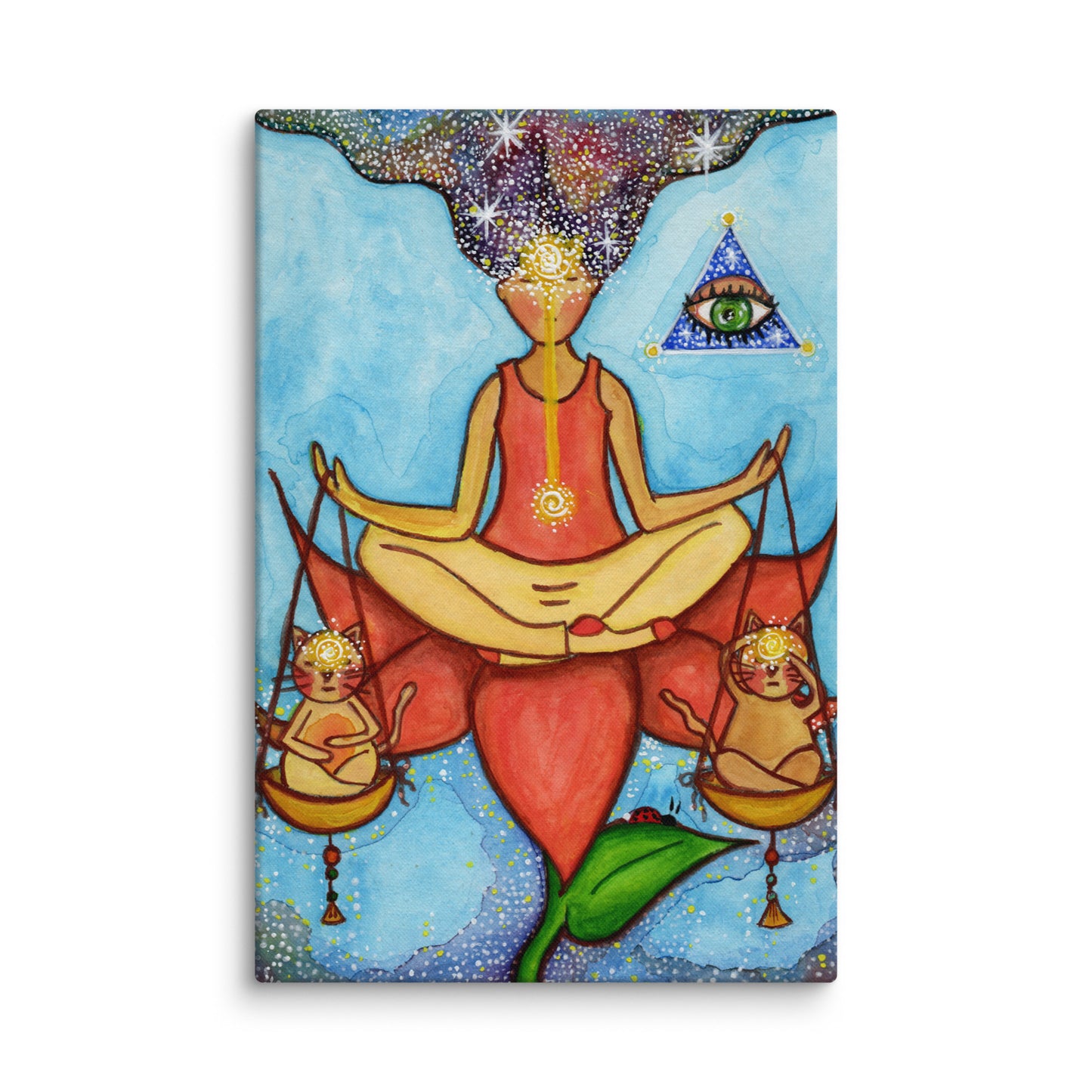 Canvas poster of a woman meditating on a lotus with a glowing third eye and holding scales balancing two cats. This is a thumbnail of the original hand-painted watercolor by Brazilian artist Thaís Suizo for the LET'S MEDITATE SERIES of mediation guides. 
