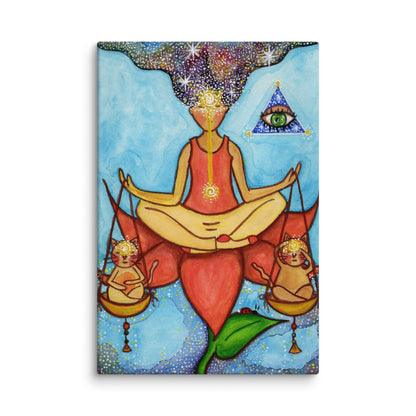 Canvas poster of a woman meditating on a lotus with a glowing third eye and holding scales balancing two cats. This is a thumbnail of the original hand-painted watercolor by Brazilian artist Thaís Suizo for the LET'S MEDITATE SERIES of mediation guides. 
