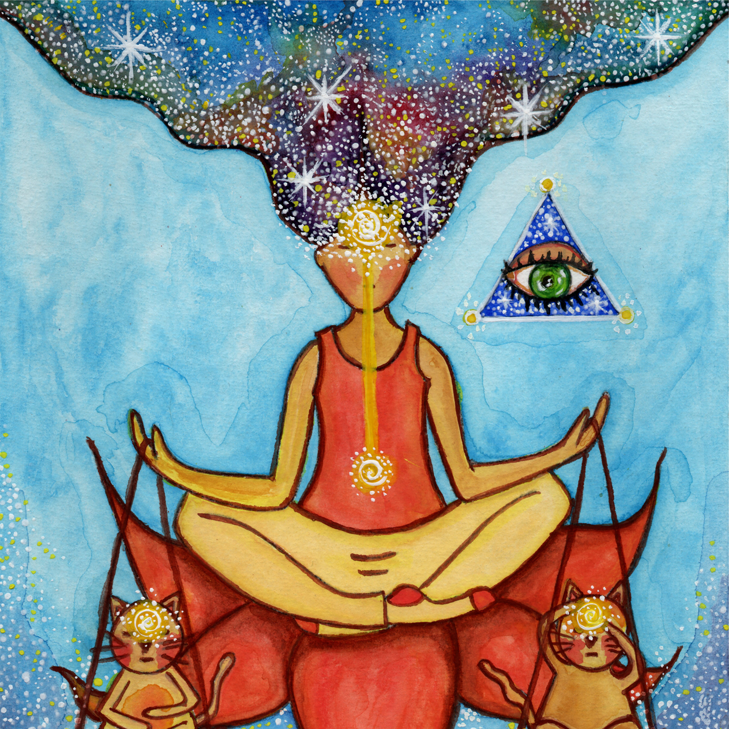 Poster of a woman meditating on a lotus with a glowing third eye and holding scales balancing two cats. This is a thumbnail of the original hand-painted watercolor by Brazilian artist Thaís Suizo for the LET'S MEDITATE SERIES of mediation guides. 