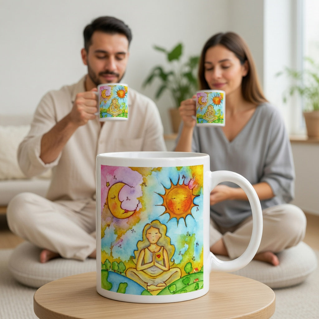 Woman in meditation with sun and moon cosmic design on mug.  There is a large display mug in the bottom center of the image. In the background a couple is sitting and drinking from their meditation mugs.