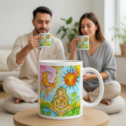 Woman in meditation with sun and moon cosmic design on mug.  There is a large display mug in the bottom center of the image. In the background a couple is sitting and drinking from their meditation mugs.