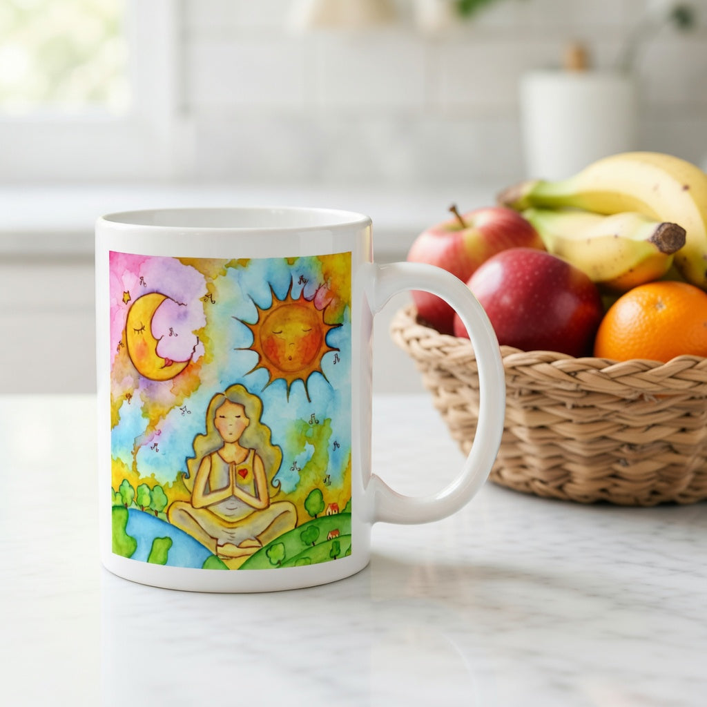 Woman in meditation with sun and moon cosmic design on mug.  Beside the mug is a basket of fruit.