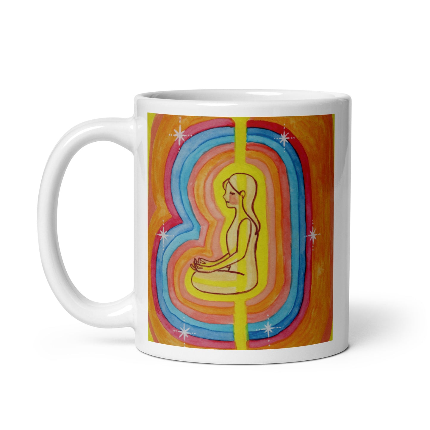Woman surrounded by radiant multi-colored aura, representing energy, emotion and spiritual awareness, vibrant mindfulness artwork on a coffee mug. This illustration is on both sides of the mug. In this image the handle of the mug is on the left side.
