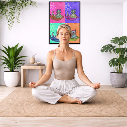 Multi colored grid of four cats meditating on a leaf framed poster. This is a print of the original hand-painted watercolor by Brazilian artist Thaís Suizo. The poster is in the center of the living room wall. There is a woman meditating facing away from the wall. Behind her is a coffee table with incense and a Buddha statue. There are potted plants on the right and left side of the background.