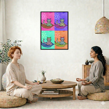 Multi colored grid of four cats meditating on a leaf framed poster. This is a print of the original hand-painted watercolor by Brazilian artist Thaís Suizo. The poster is in the center of the living room wall. Two women are sitting on a giant pillow having a coffee. Beside them is a small tray with a pot of coffee and incense. To the left is a green floor plant and a hanging green plant. To the right of them is a green floor plant.