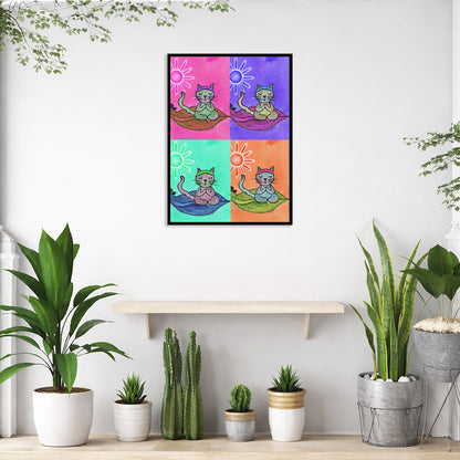 Multi colored grid of four cats meditating on a leaf framed poster. This is a print of the original hand-painted watercolor by Brazilian artist Thaís Suizo.  The poster is in the center of the living room wall. Below the poster is a en empty shelf and below are a variety of green potted plants including a few cactus.
