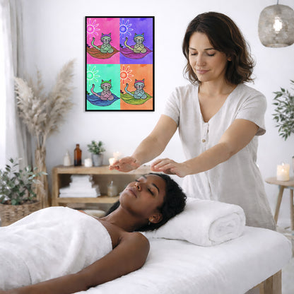 Multi colored grid of four cats meditating on a leaf framed poster. This is a print of the original hand-painted watercolor by Brazilian artist Thaís Suizo. The poster is on the wall of the office of a reiki master. The master is giving her client a massage. The client is lying face up on a massage table wearing a white towel. To the left is a window, floor plant and vase of dry flora. There is a shelf underneath the poster with candles burning. On the right side there is a candle burning and a hanging lamp