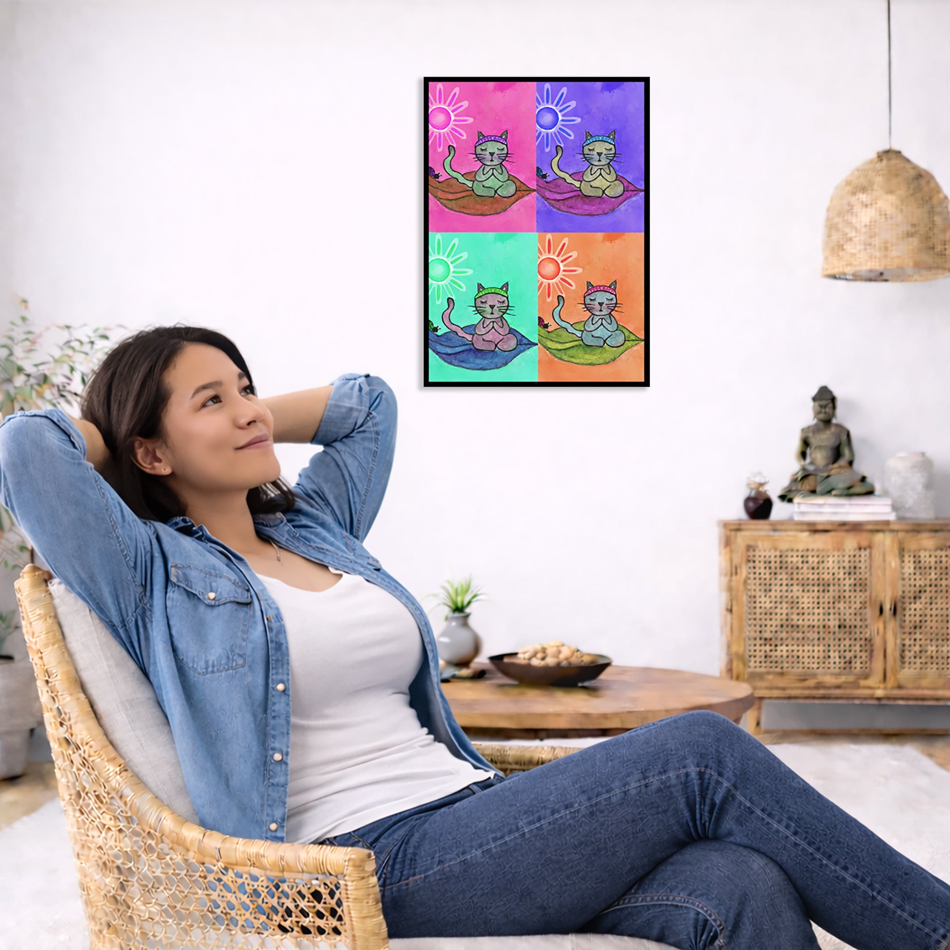 Multi colored grid of four cats meditating on a leaf framed poster. This is a print of the original hand-painted watercolor by Brazilian artist Thaís Suizo.  The poster is in the center of the living room wall. To the left a woman is relaxing in her chair with her hands behind her head. There is a small coffee table beside her with a bowl of walnuts, incense and a small green plant. On the right side of the room is a cabinet with a Buddha statue, books and an urn on it. To the left is a green floor plant.